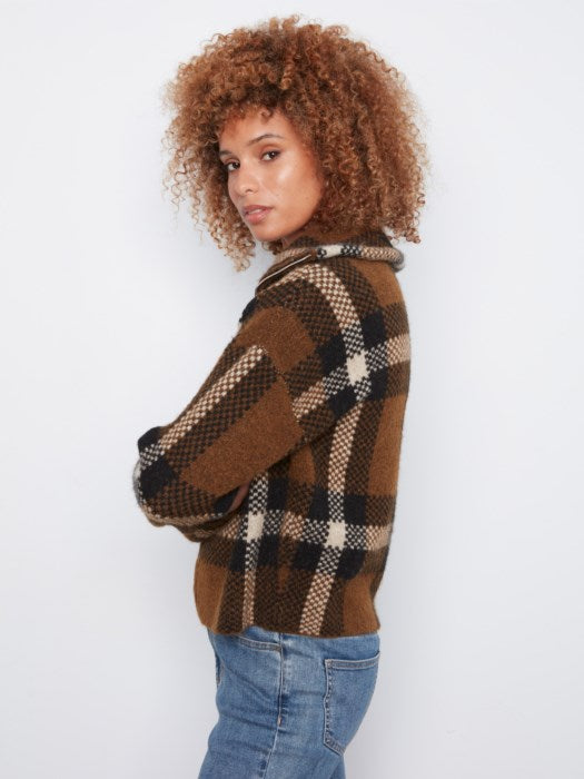 Charlie B Long Sleeve Front Zip High Collar Cardigan In Plaid Sweater Jacquard