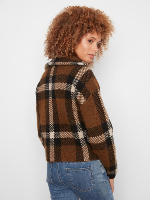Charlie B Long Sleeve Front Zip High Collar Cardigan In Plaid Sweater Jacquard