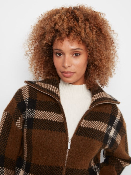 Charlie B Long Sleeve Front Zip High Collar Cardigan In Plaid Sweater Jacquard