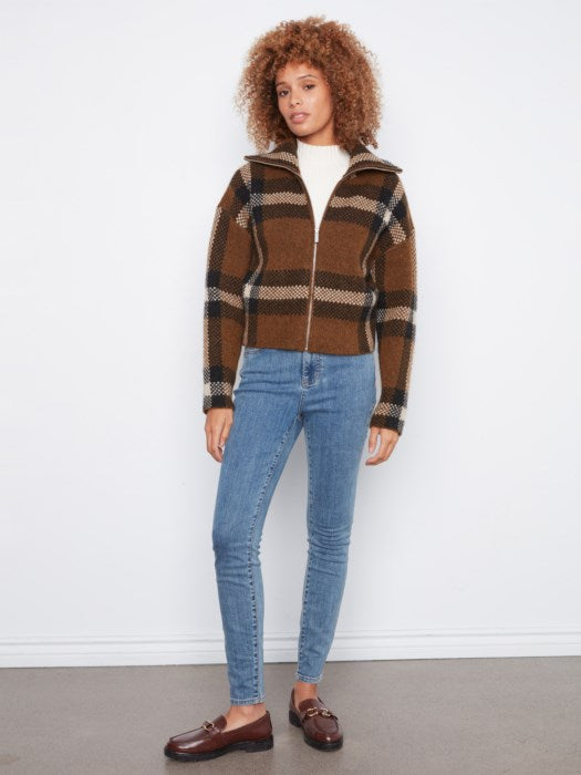 Charlie B Long Sleeve Front Zip High Collar Cardigan In Plaid Sweater Jacquard