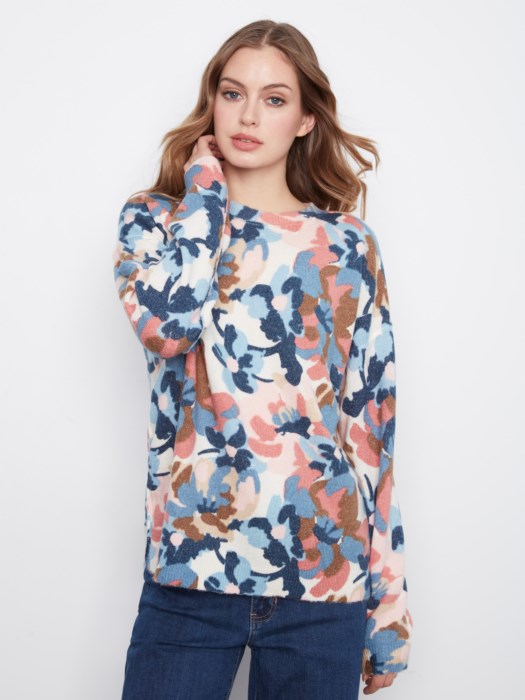 Charlie B Long Sleeve Drop Shoulder Crew Neck Printed Reversible Sweater
