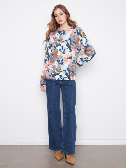 Charlie B Long Sleeve Drop Shoulder Crew Neck Printed Reversible Sweater