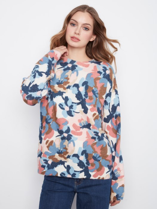 Charlie B Long Sleeve Drop Shoulder Crew Neck Printed Reversible Sweater