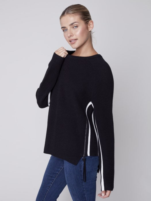 Charlie B Raglan-Sleeve Sweater With Contrast Piping & Zipper Detail
