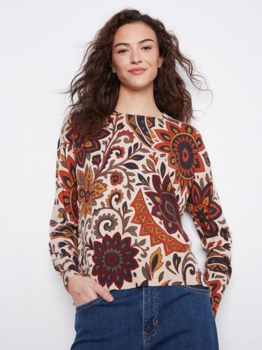 Charlie B Long Sleeve Drop Shoulder Crew Neck Printed Sweater With Side Buttons Detail