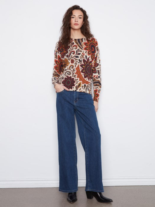 Charlie B Long Sleeve Drop Shoulder Crew Neck Printed Sweater With Side Buttons Detail