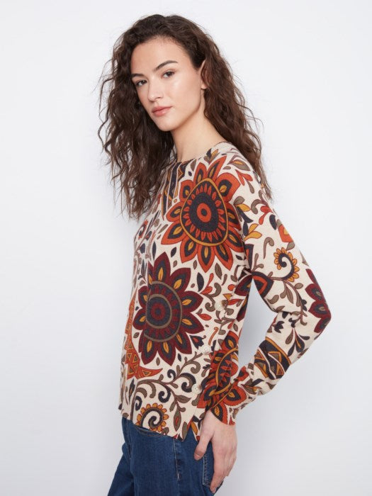 Charlie B Long Sleeve Drop Shoulder Crew Neck Printed Sweater With Side Buttons Detail
