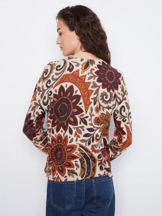 Charlie B Long Sleeve Drop Shoulder Crew Neck Printed Sweater With Side Buttons Detail