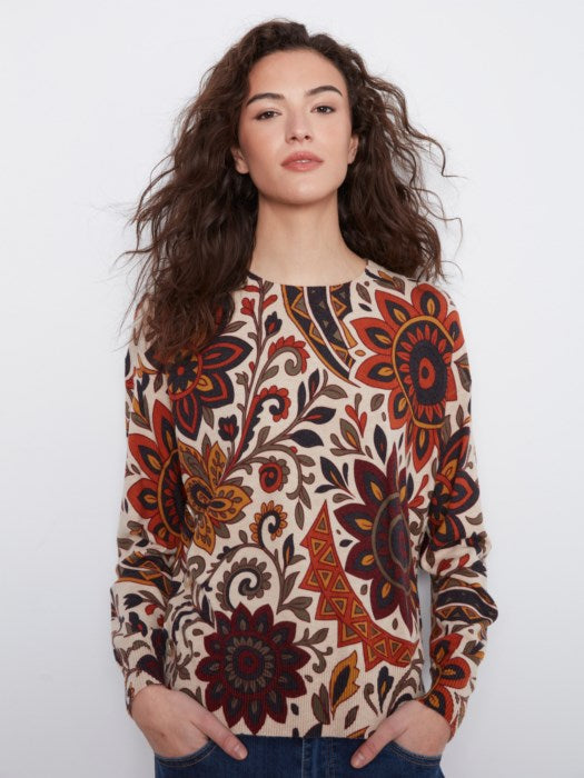 Charlie B Long Sleeve Drop Shoulder Crew Neck Printed Sweater With Side Buttons Detail