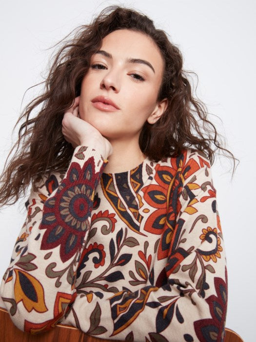 Charlie B Long Sleeve Drop Shoulder Crew Neck Printed Sweater With Side Buttons Detail