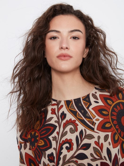 Charlie B Long Sleeve Drop Shoulder Crew Neck Printed Sweater With Side Buttons Detail