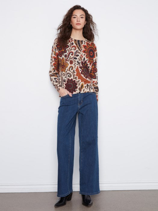 Charlie B Long Sleeve Drop Shoulder Crew Neck Printed Sweater With Side Buttons Detail