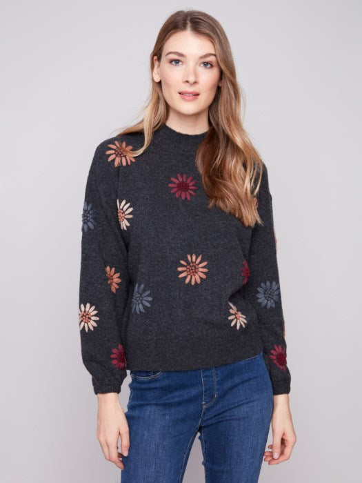 Charlie B Mock Neck Sweater with Embroidery