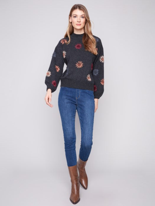 Charlie B Mock Neck Sweater with Embroidery