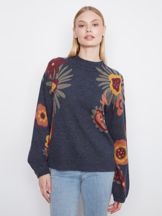 Charlie B Long Sleeve Drop Shoulder Mock Neck Sweater With Placed Print