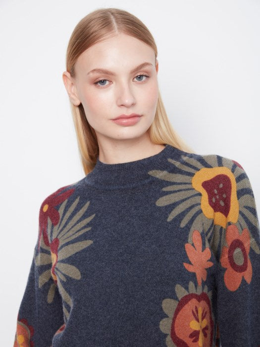 Charlie B Long Sleeve Drop Shoulder Mock Neck Sweater With Placed Print