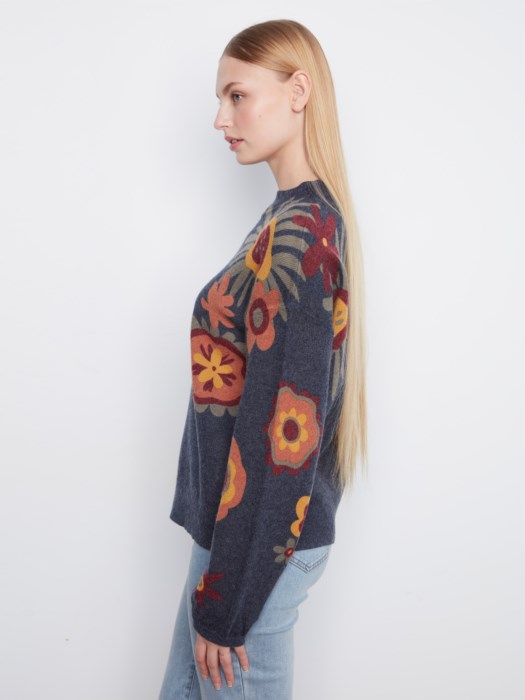 Charlie B Long Sleeve Drop Shoulder Mock Neck Sweater With Placed Print