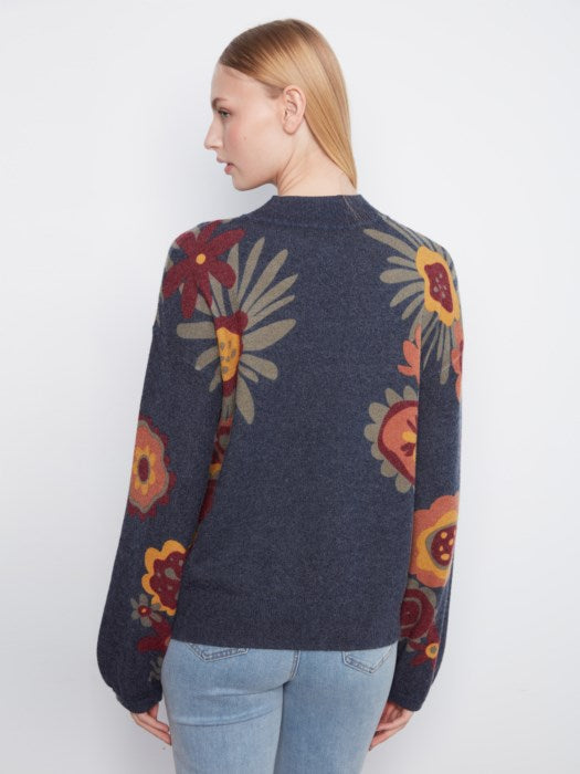 Charlie B Long Sleeve Drop Shoulder Mock Neck Sweater With Placed Print