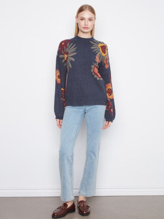 Charlie B Long Sleeve Drop Shoulder Mock Neck Sweater With Placed Print