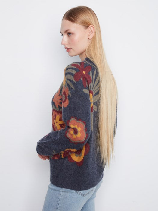 Charlie B Long Sleeve Drop Shoulder Mock Neck Sweater With Placed Print