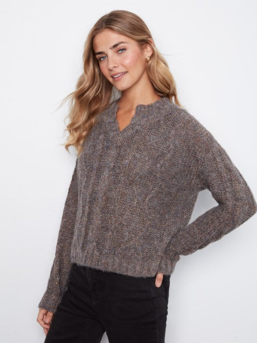 Charlie B Long Sleeve Notch Neck Heather Nep Yarn Drop Shoulder Sweater