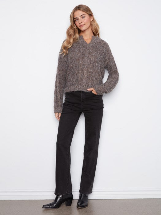 Charlie B Long Sleeve Notch Neck Heather Nep Yarn Drop Shoulder Sweater