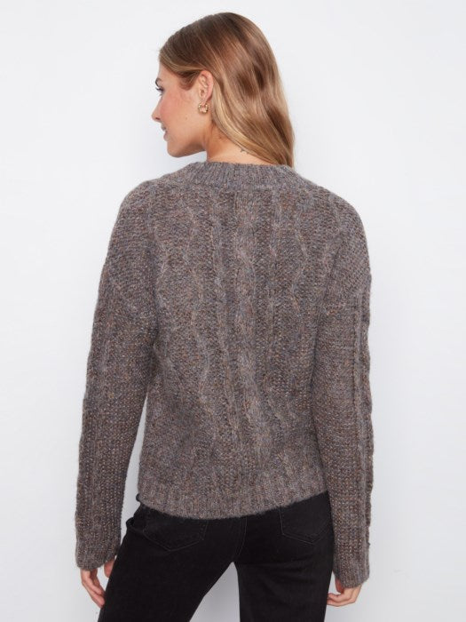 Charlie B Long Sleeve Notch Neck Heather Nep Yarn Drop Shoulder Sweater