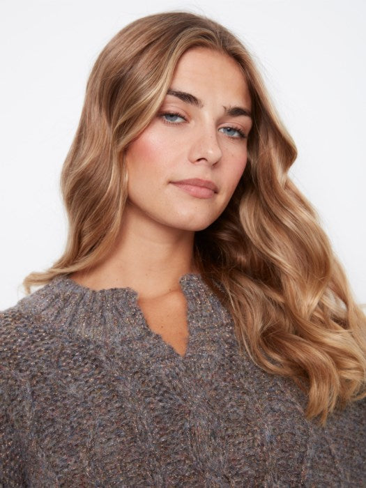 Charlie B Long Sleeve Notch Neck Heather Nep Yarn Drop Shoulder Sweater