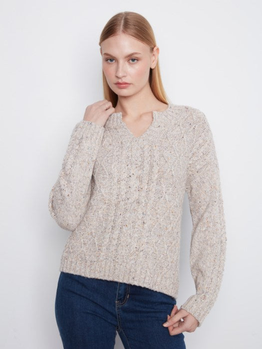Charlie B Long Sleeve Notch Neck Heather Nep Yarn Drop Shoulder Sweater