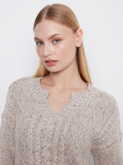 Charlie B Long Sleeve Notch Neck Heather Nep Yarn Drop Shoulder Sweater