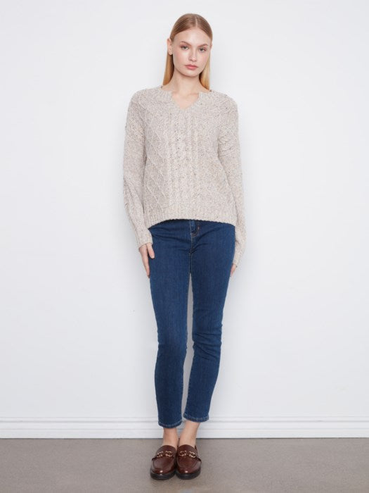 Charlie B Long Sleeve Notch Neck Heather Nep Yarn Drop Shoulder Sweater
