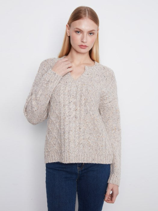 Charlie B Long Sleeve Notch Neck Heather Nep Yarn Drop Shoulder Sweater