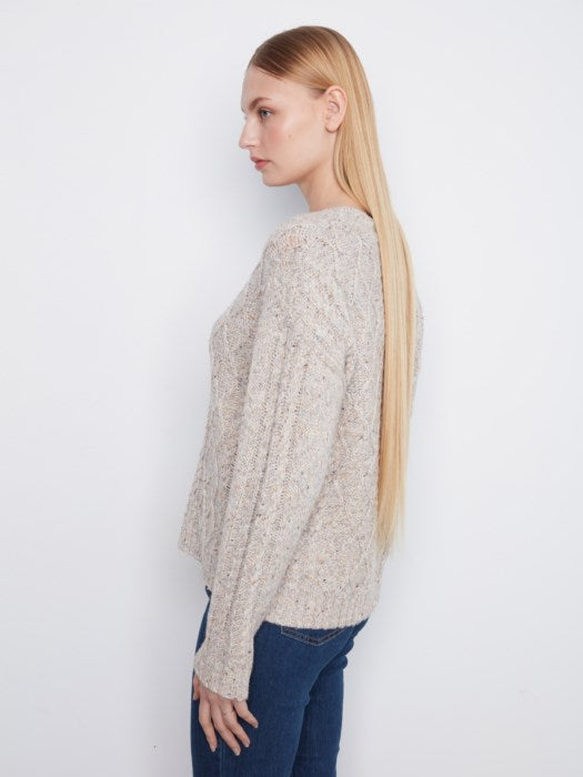 Charlie B Long Sleeve Notch Neck Heather Nep Yarn Drop Shoulder Sweater