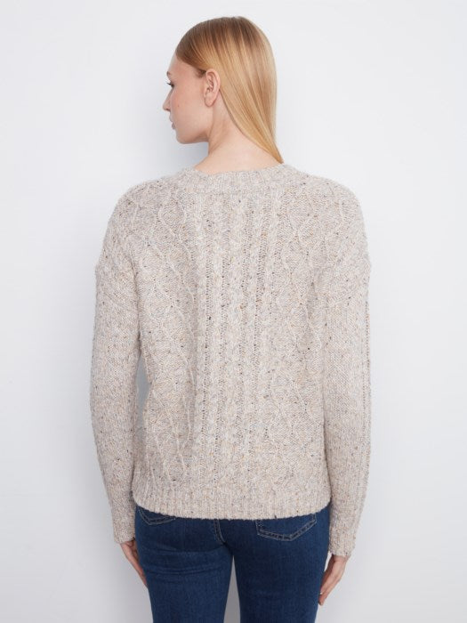 Charlie B Long Sleeve Notch Neck Heather Nep Yarn Drop Shoulder Sweater