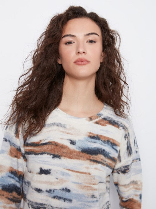 Charlie B Long Sleeve Drop Shoulder Reversible Printed Crew Neck Sweater With Distressed Hem