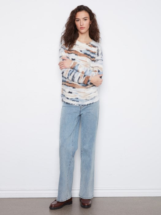 Charlie B Long Sleeve Drop Shoulder Reversible Printed Crew Neck Sweater With Distressed Hem