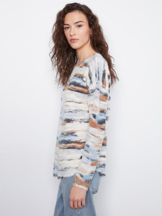 Charlie B Long Sleeve Drop Shoulder Reversible Printed Crew Neck Sweater With Distressed Hem