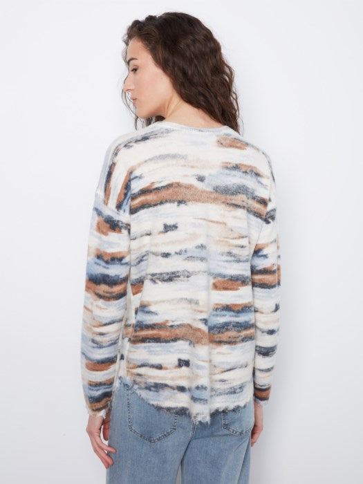 Charlie B Long Sleeve Drop Shoulder Reversible Printed Crew Neck Sweater With Distressed Hem