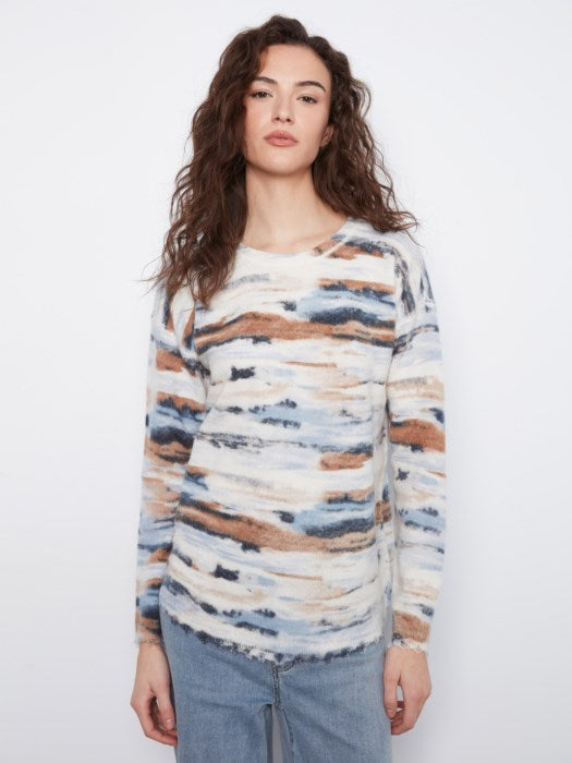 Charlie B Long Sleeve Drop Shoulder Reversible Printed Crew Neck Sweater With Distressed Hem