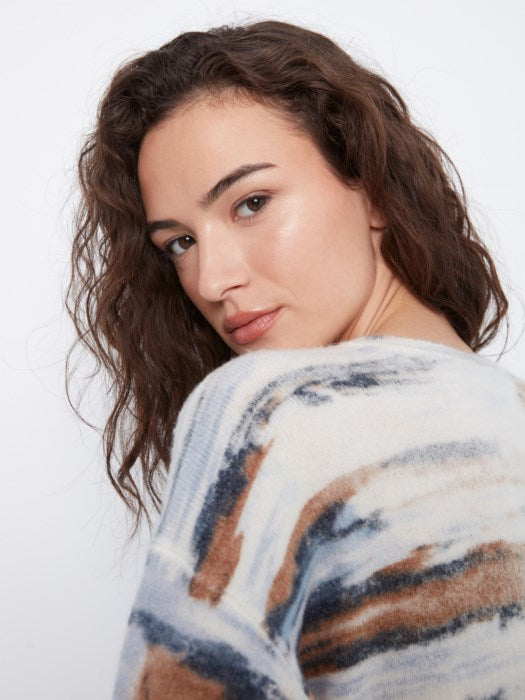 Charlie B Long Sleeve Drop Shoulder Reversible Printed Crew Neck Sweater With Distressed Hem