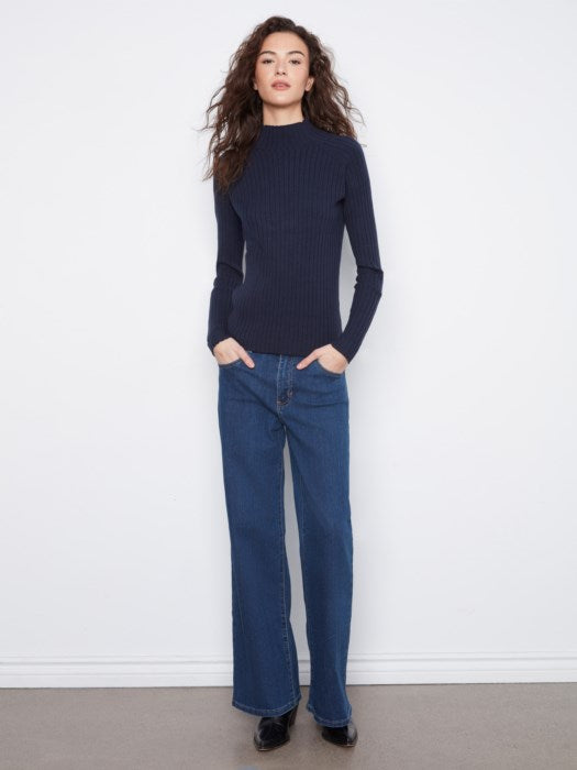Charlie B Basic Ribbed Knit Mock Neck Long Sleeve Sweater