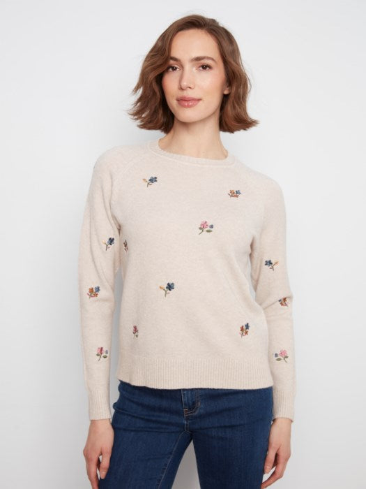 Charlie B Embroidered Raglan Sleeve Crewneck Sweater