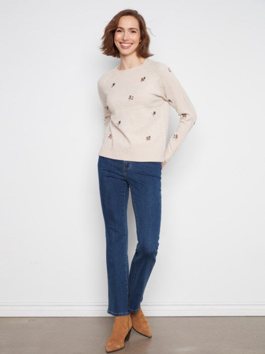 Charlie B Embroidered Raglan Sleeve Crewneck Sweater