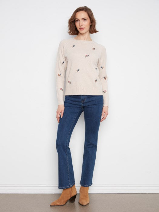 Charlie B Embroidered Raglan Sleeve Crewneck Sweater
