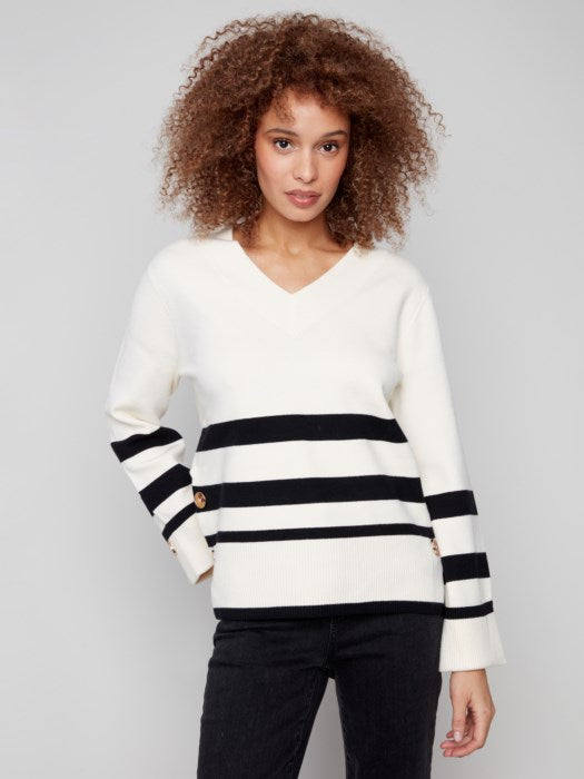 Charlie B Stripe Wide Cuff V-Neck Sweater