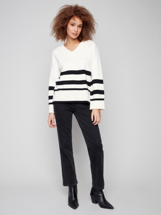 Charlie B Stripe Wide Cuff V-Neck Sweater