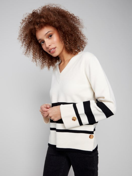 Charlie B Stripe Wide Cuff V-Neck Sweater