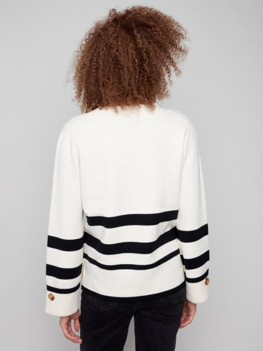 Charlie B Stripe Wide Cuff V-Neck Sweater