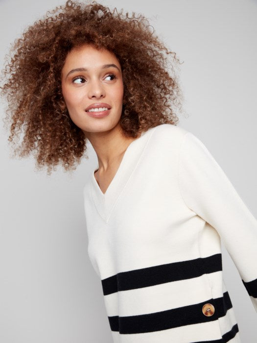 Charlie B Stripe Wide Cuff V-Neck Sweater