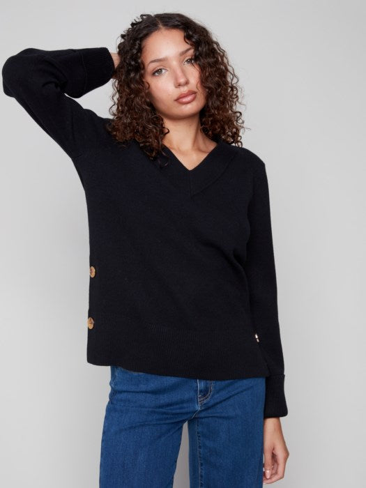 Charlie B Solid Wide Cuff V-Neck Sweater
